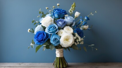 Blue and white bouquet of roses and other flowers arranged with greenery on a wooden surface against a blue background