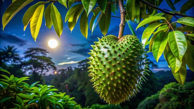 Night Photography: Soursop, Exotic Thorny Fruit on Evergreen Tree