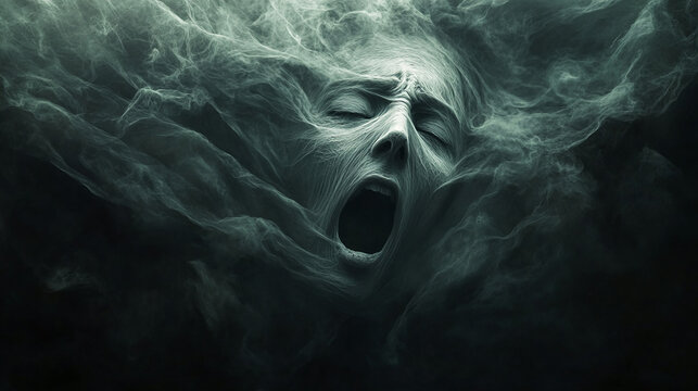 Abstract horror scene depicting a ghostly face emerging from swirling smoke, conveying a chilling and eerie concept of fear, darkness, and supernatural presence.