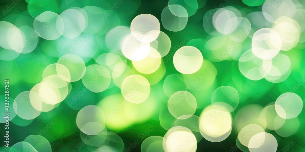 Poster green bokeh lights background with soft blurred circles in various shades of green and cream creatin