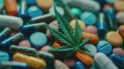 Medicinal plants and pills with a cannabis leaf on top revealing health and wellness benefits