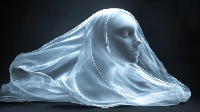 A haunting artistic visualization of a faceless figure shrouded in translucent fabric, symbolizing mystery, identity, and the ethereal nature of the human form.