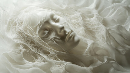 A haunting artistic visualization of a translucent figure surrounded by flowing fabric, symbolizing the ethereal and abstract nature of the human form.