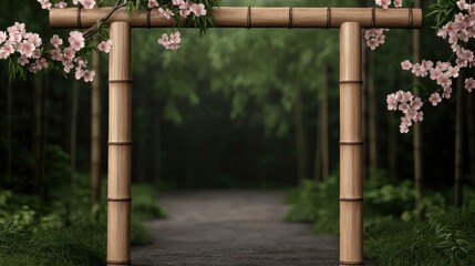 Cherry Blossom Archway Concept, Serene Rustic Japanese Archway Crafted from Natural Bamboo Surrounded by Lush Greenery and Blossoming Flowers