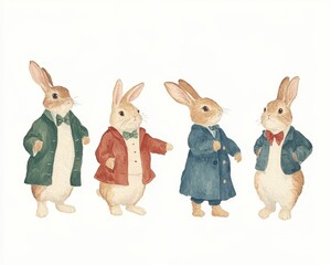 Four rabbits are standing in a row, each wearing a different colored jacket