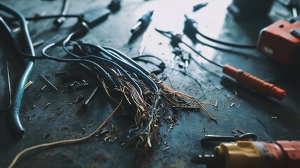 Damaged cables resting on a mechanic’s table. Featuring frayed edges and exposed wires