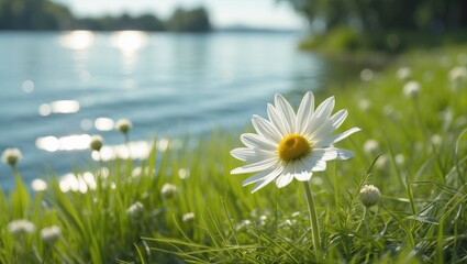 Single daisy flower in focus with blurred waterfront and lush green grass in the background on a sunny day