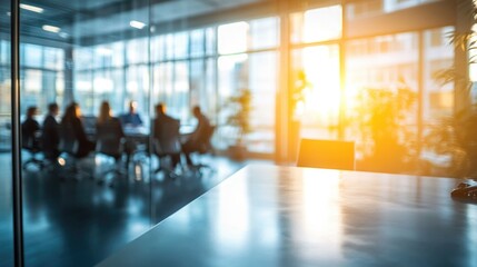 Group of businesspeople negotiating gathered in modern conference room, blurred silhouettes view, meeting behind closed glass doors. Business communication, workflow, decision-making, strategy sharing