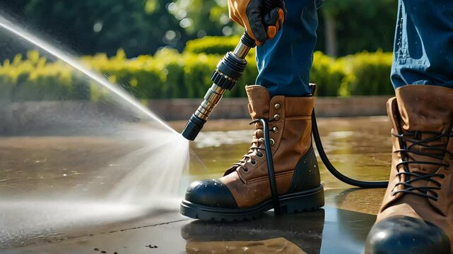 Worker wearing boots using a high-pressure washer to clean an outdoor pavement with powerful water spray


