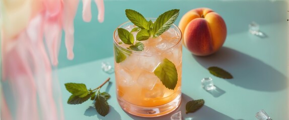 Fresh fruit cocktail with ice cubes garnished with mint leaves and a peach on a turquoise background