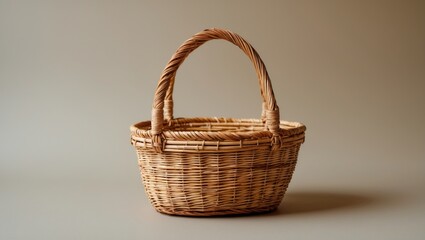 woven wicker basket with handle on plain background natural home decor object