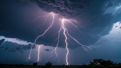 Lightning strikes over dark storm clouds illuminating the night sky with multiple bolts in a dramatic weather scene.
