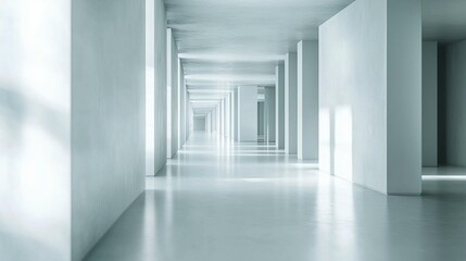 Modern minimalist white hallway with sunlight and reflective floor.