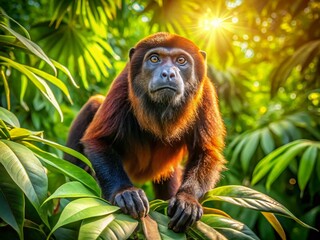 Fototapeta premium Panoramic Howler Monkey in Lush Rainforest Canopy - Wildlife Photography