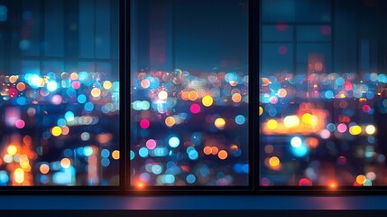 Night city lights viewed from a large window, bokeh effect, urban scene.