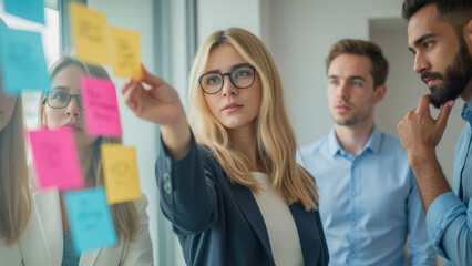 Fototapeta premium Collaborative Team Meeting on Project Ideas with Colorful Sticky Notes and Focused Professionals in Modern Office Environment