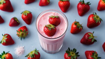 Strawberry milkshake in glass with fresh strawberries on light blue background with scattered strawberries around