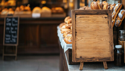 Blank wooden sign. Wooden signboard in a bakery with fresh bread in the background.