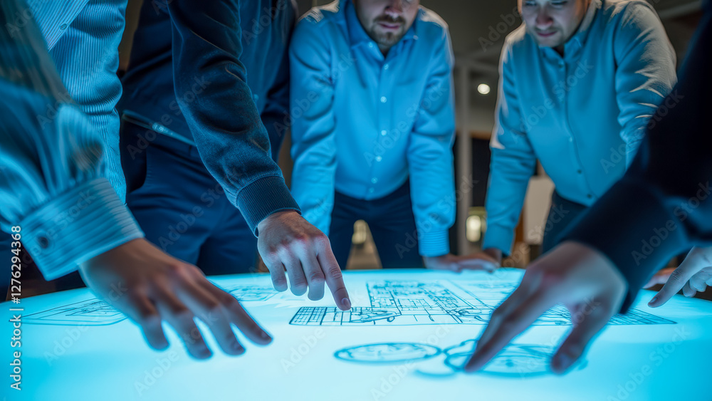 Poster group of professionals collaborating on a touch screen display while analyzing project plans in a mo