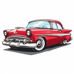 A red vintage car with chrome trim and a chrome bumper