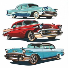 Three vintage cars are shown in a row