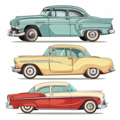 Three vintage cars are shown in a row, with the middle one being yellow