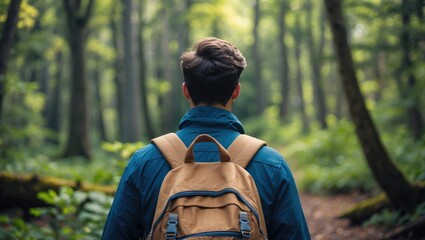 Young man with backpack walking in a dense green forest surrounded by tall trees during daytime in natural scenic landscape.