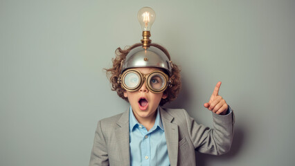 Creative boy with curly hair wearing unique glasses and metal helmet with light bulb expressing excitement and discovery concept