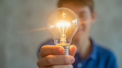 Young person holding an illuminated light bulb in a creative and inspiring environment showcasing ideas and innovation