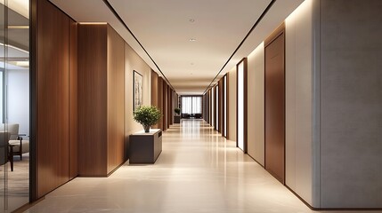 Obraz premium Modern Hotel Hallway Interior with Wood Panels and Marble Floor