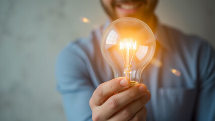 Person Holding a Light Bulb Smiling, Representing Ideas, Innovation, Creativity, and Inspiration in Modern Context