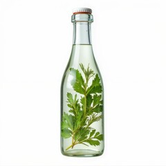 Botanical Infusion Glass Bottle with Herb Branch Elegant Still Life on White Backdrop Artistic Photo