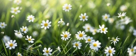 Fototapeta premium field of white daisies blooming in green grass under soft sunlight in a natural outdoor setting