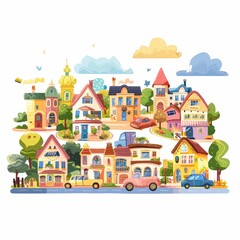 A cartoon drawing of a city street with houses and cars