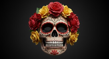 Day of the Dead Skull with Rose Wreath on Dark Background
