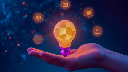 Bright Conceptual Light Bulb Representing Innovative Ideas with Digital Elements Floating Above Hand in Dark Background