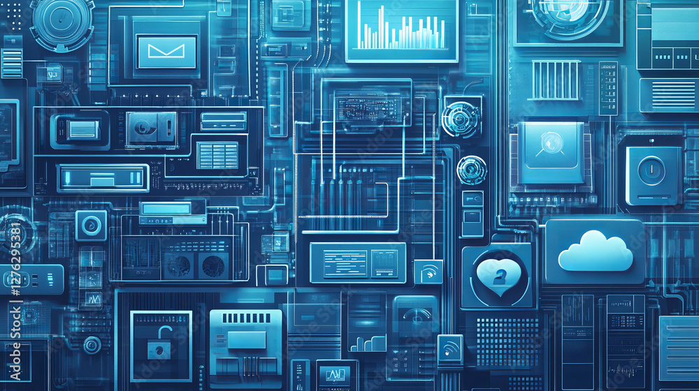 Poster thin lines connection icons outline set of big data center group cloud computing system internet pro