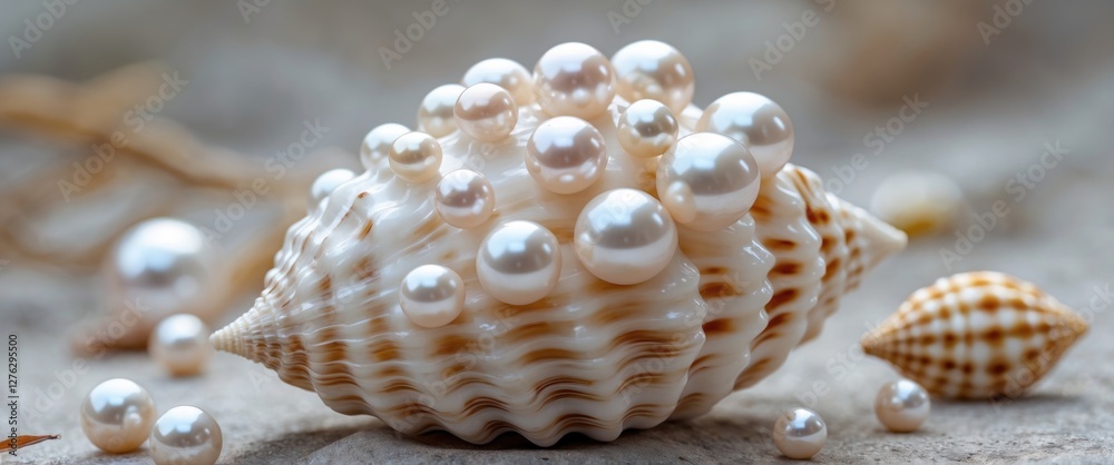 Poster close-up of a shell with multiple pearls resting on a textured surface with additional small shells 