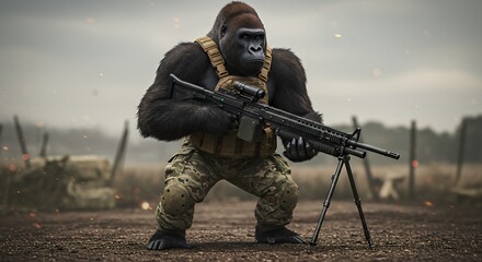 Gorilla Soldier Armed with Rifle in Camouflage Standing Alert