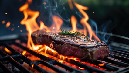 Grilled steak on barbecue with flames and smoke garnished with fresh rosemary on a textured grill grate outdoors