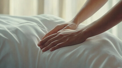 Close-up of hands gently pressing on a soft white pillow, showcasing a soothing massage or spa therapy experience in a calm, relaxing environment.