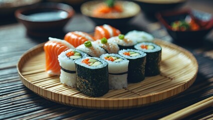 Assorted sushi selection served on bamboo platter with chopsticks and various side dishes in traditional Japanese setting