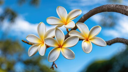 Naklejka premium plumeria flowers on branch against blue sky with clouds tropical plant close up photography