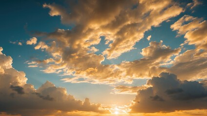 Fototapeta premium Dramatic sunset with clouds illuminated by warm golden light against a blue sky in a natural landscape setting