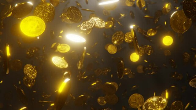 Falling gold bitcoins. A rain of gold coins. Crypto exchange. 3D 4K loop animation