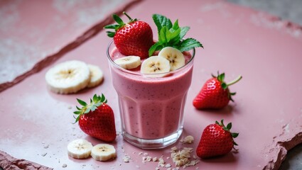 Strawberry banana smoothie in a glass with fresh strawberries and banana slices on pink surface with oats scattered