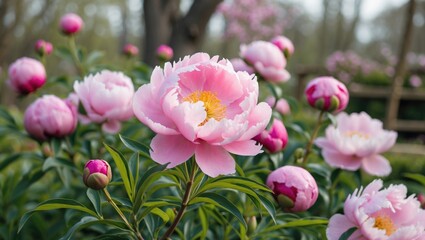 Obraz premium Pink peonies in full bloom surrounded by green foliage in a garden setting on a sunny day