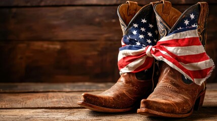 Leather Cowboy Boots Adorned with American Flag Bandanas for Patriotic Style on Wooden Background