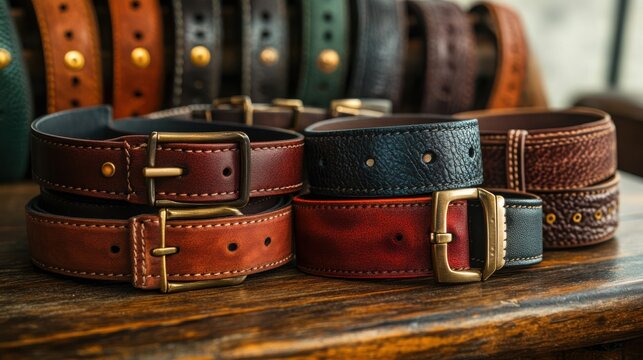 An image of different belts displayed on a rustic wooden table, highlighting material quality and buckle designs.