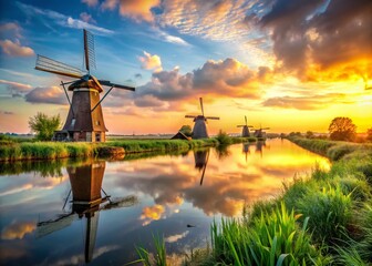 Panoramic View of Classic Dutch Windmills at Golden Hour